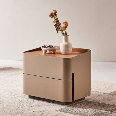 Modern Luxury Saddle Leather Solid Wood Rounded Square Nightstand With 2 Drawers For Bedroom