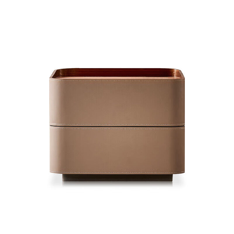 Modern Luxury Saddle Leather Solid Wood Rounded Square Nightstand With 2 Drawers For Bedroom