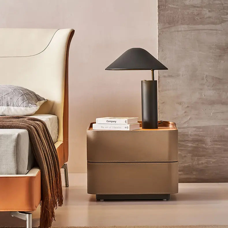 Modern Luxury Saddle Leather Solid Wood Rounded Square Nightstand With 2 Drawers For Bedroom
