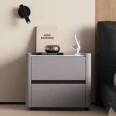 Modern Luxury Sintered Stone Solid Wood Cat-Scratch Leather Rounded Square Nightstand With 2 Drawers For Bedroom