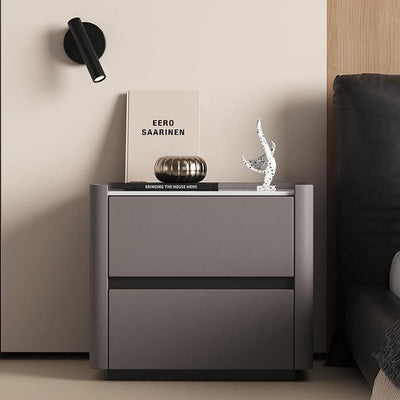 Modern Luxury Sintered Stone Solid Wood Cat-Scratch Leather Rounded Square Nightstand With 2 Drawers For Bedroom