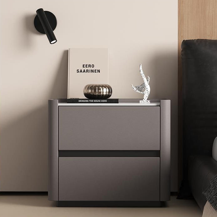 Table de chevet moderne en pierre frittée de luxe avec cuir anti-rayures pour chats en bois massif, carrée arrondie, avec 2 tiroirs pour chambre 