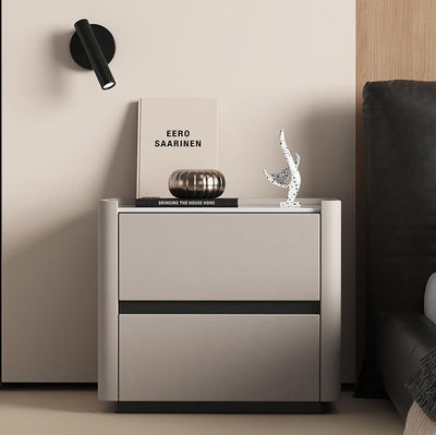 Modern Luxury Sintered Stone Solid Wood Cat-Scratch Leather Rounded Square Nightstand With 2 Drawers For Bedroom