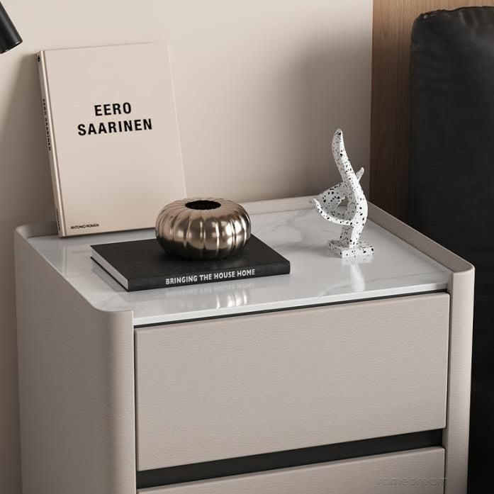 Table de chevet moderne en pierre frittée de luxe avec cuir anti-rayures pour chats en bois massif, carrée arrondie, avec 2 tiroirs pour chambre 