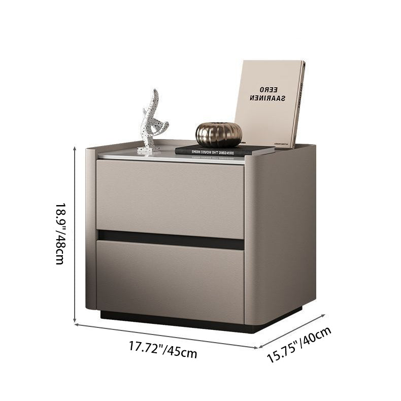 Modern Luxury Sintered Stone Solid Wood Cat-Scratch Leather Rounded Square Nightstand With 2 Drawers For Bedroom
