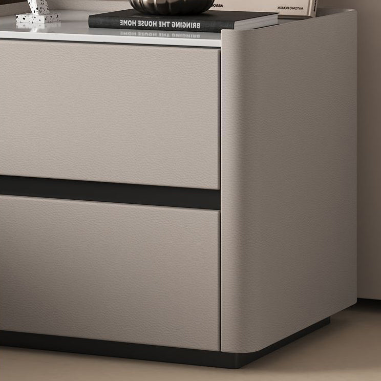 Modern Luxury Sintered Stone Solid Wood Cat-Scratch Leather Rounded Square Nightstand With 2 Drawers For Bedroom