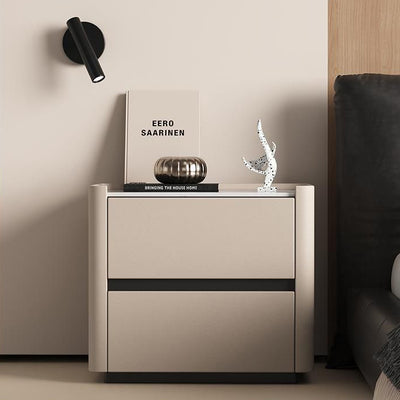 Modern Luxury Sintered Stone Solid Wood Cat-Scratch Leather Rounded Square Nightstand With 2 Drawers For Bedroom