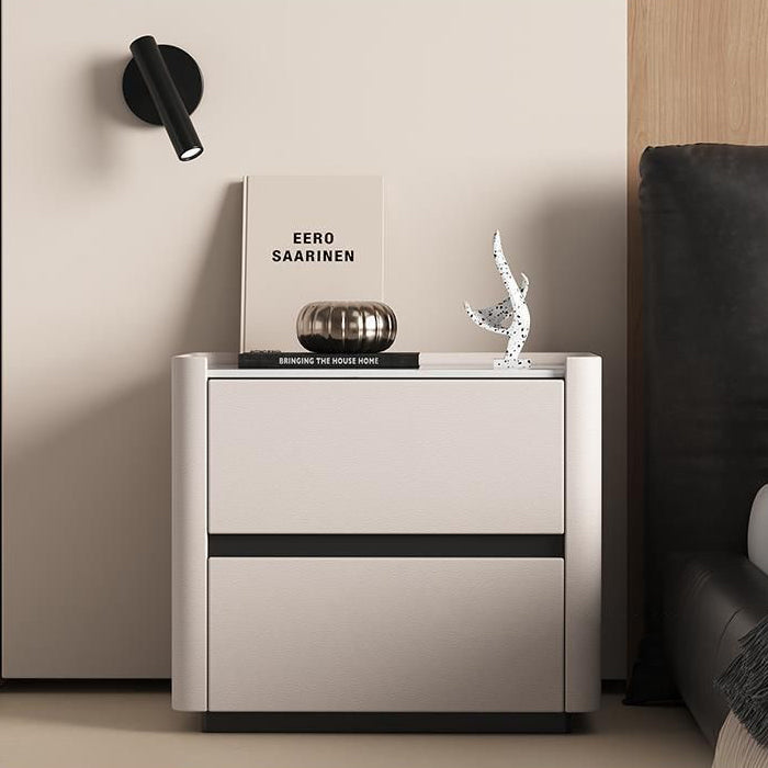 Modern Luxury Sintered Stone Solid Wood Cat-Scratch Leather Rounded Square Nightstand With 2 Drawers For Bedroom