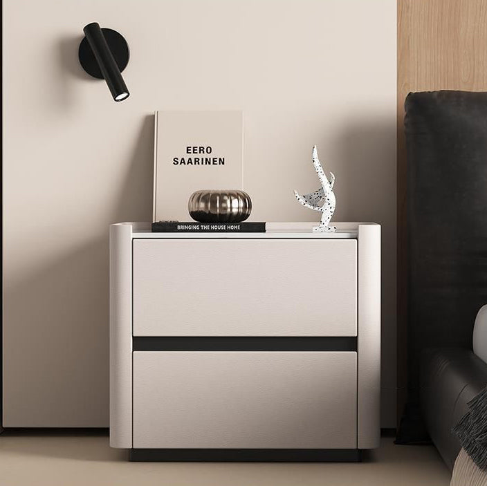 Modern Luxury Sintered Stone Solid Wood Cat-Scratch Leather Rounded Square Nightstand With 2 Drawers For Bedroom