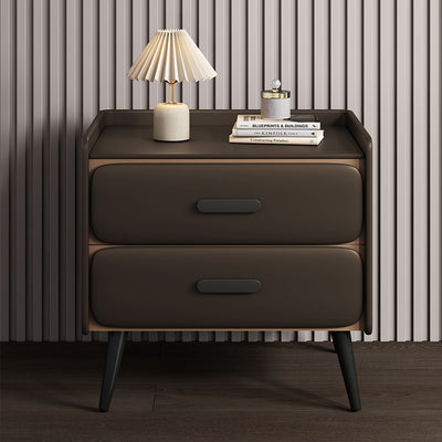Contemporary Scandinavian Nappa Leather Metal Pine Rounded Rectangle Nightstand With 2 Drawers For Bedroom
