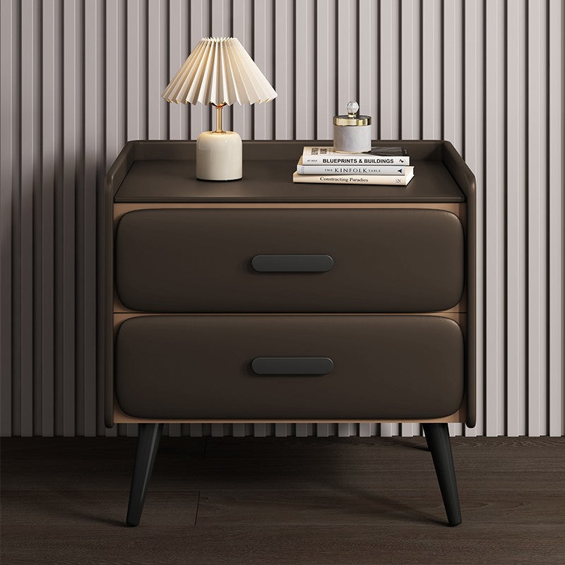 Contemporary Scandinavian Nappa Leather Metal Pine Rounded Rectangle Nightstand With 2 Drawers For Bedroom