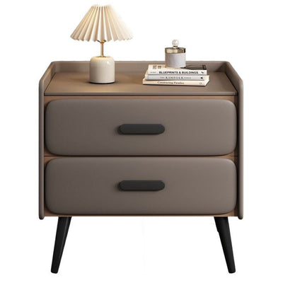 Contemporary Scandinavian Nappa Leather Metal Pine Rounded Rectangle Nightstand With 2 Drawers For Bedroom
