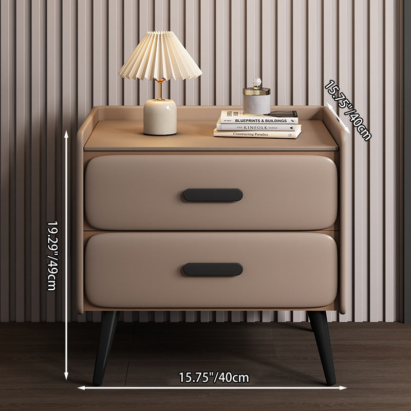 Contemporary Scandinavian Nappa Leather Metal Pine Rounded Rectangle Nightstand With 2 Drawers For Bedroom
