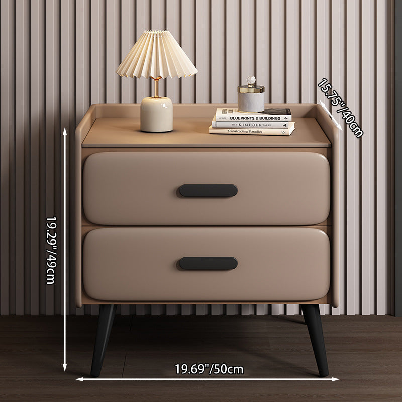Contemporary Scandinavian Nappa Leather Metal Pine Rounded Rectangle Nightstand With 2 Drawers For Bedroom