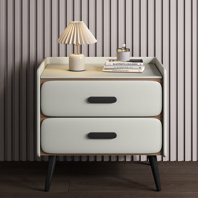 Contemporary Scandinavian Nappa Leather Metal Pine Rounded Rectangle Nightstand With 2 Drawers For Bedroom
