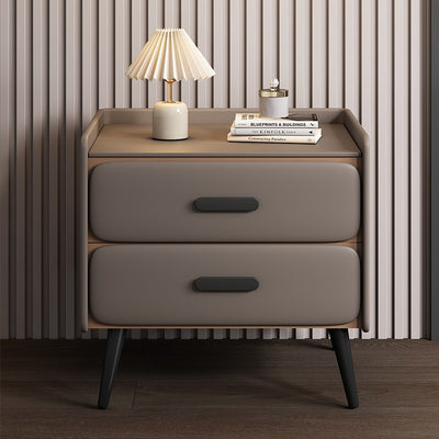 Contemporary Scandinavian Nappa Leather Metal Pine Rounded Rectangle Nightstand With 2 Drawers For Bedroom