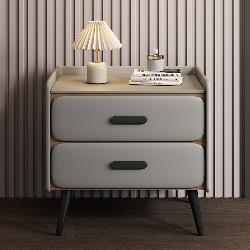Contemporary Scandinavian Nappa Leather Metal Pine Rounded Rectangle Nightstand With 2 Drawers For Bedroom