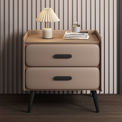 Contemporary Scandinavian Nappa Leather Metal Pine Rounded Rectangle Nightstand With 2 Drawers For Bedroom