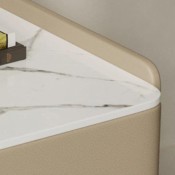 Contemporary Scandinavian Sintered Stone Cat-Scratch Leather Solid Wood Stainless Steel Rounded Square Cylinder Nightstand With 2 Drawers For Bedroom
