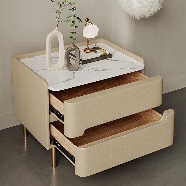 Table de chevet cylindrique carré arrondi en bois massif, cuir anti-rayures pour chat, acier inoxydable et pierre frittée scandinave contemporaine avec 2 tiroirs pour chambre 