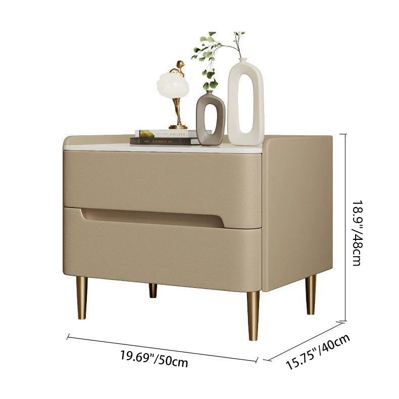 Contemporary Scandinavian Sintered Stone Cat-Scratch Leather Solid Wood Stainless Steel Rounded Square Cylinder Nightstand With 2 Drawers For Bedroom