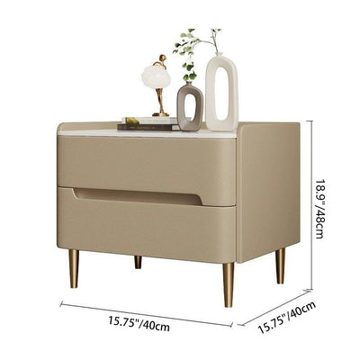 Contemporary Scandinavian Sintered Stone Cat-Scratch Leather Solid Wood Stainless Steel Rounded Square Cylinder Nightstand With 2 Drawers For Bedroom