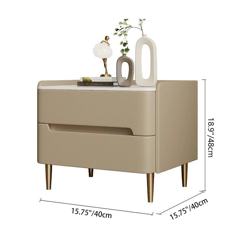 Contemporary Scandinavian Sintered Stone Cat-Scratch Leather Solid Wood Stainless Steel Rounded Square Cylinder Nightstand With 2 Drawers For Bedroom