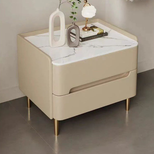Table de chevet cylindrique carré arrondi en bois massif, cuir anti-rayures pour chat, acier inoxydable et pierre frittée scandinave contemporaine avec 2 tiroirs pour chambre 