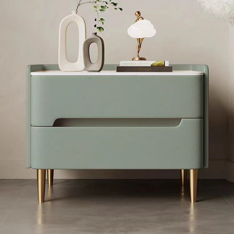 Contemporary Scandinavian Sintered Stone Cat-Scratch Leather Solid Wood Stainless Steel Rounded Square Cylinder Nightstand With 2 Drawers For Bedroom