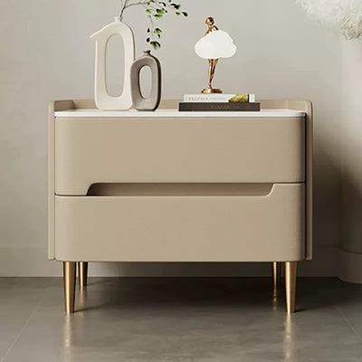 Contemporary Scandinavian Sintered Stone Cat-Scratch Leather Solid Wood Stainless Steel Rounded Square Cylinder Nightstand With 2 Drawers For Bedroom