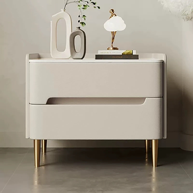Contemporary Scandinavian Sintered Stone Cat-Scratch Leather Solid Wood Stainless Steel Rounded Square Cylinder Nightstand With 2 Drawers For Bedroom