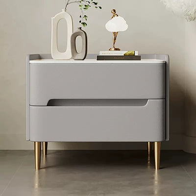 Contemporary Scandinavian Sintered Stone Cat-Scratch Leather Solid Wood Stainless Steel Rounded Square Cylinder Nightstand With 2 Drawers For Bedroom