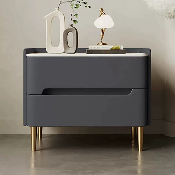 Table de chevet cylindrique carré arrondi en bois massif, cuir anti-rayures pour chat, acier inoxydable et pierre frittée scandinave contemporaine avec 2 tiroirs pour chambre 