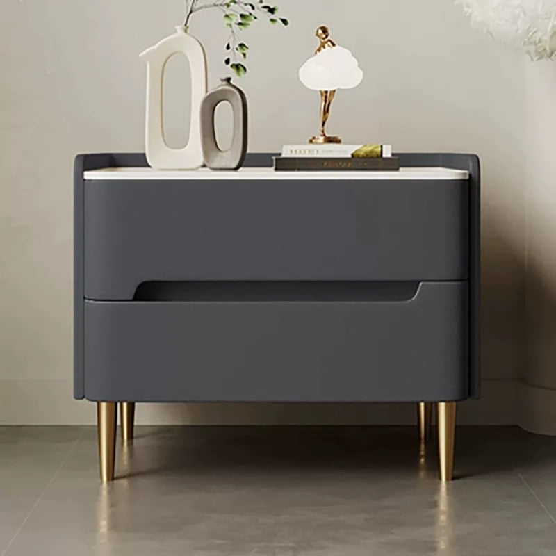 Contemporary Scandinavian Sintered Stone Cat-Scratch Leather Solid Wood Stainless Steel Rounded Square Cylinder Nightstand With 2 Drawers For Bedroom