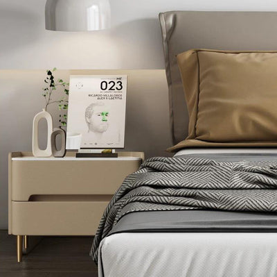 Contemporary Scandinavian Sintered Stone Cat-Scratch Leather Solid Wood Stainless Steel Rounded Square Cylinder Nightstand With 2 Drawers For Bedroom