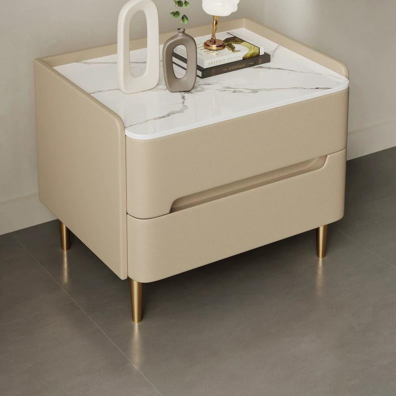 Contemporary Scandinavian Sintered Stone Cat-Scratch Leather Solid Wood Stainless Steel Rounded Square Cylinder Nightstand With 2 Drawers For Bedroom