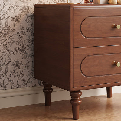 Traditional Chinese Solid Wood Metal Rounded Square Cylinder Nightstand With 2 Drawers For Bedroom