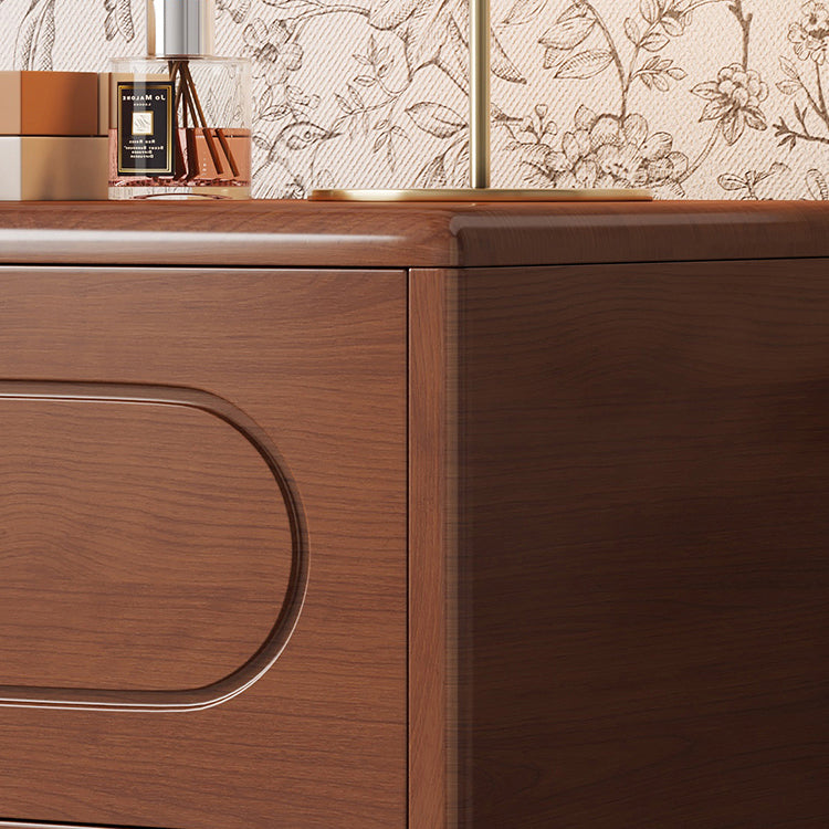 Traditional Chinese Solid Wood Metal Rounded Square Cylinder Nightstand With 2 Drawers For Bedroom