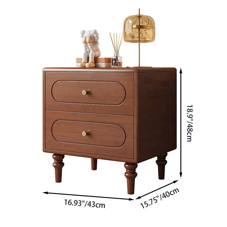 Traditional Chinese Solid Wood Metal Rounded Square Cylinder Nightstand With 2 Drawers For Bedroom