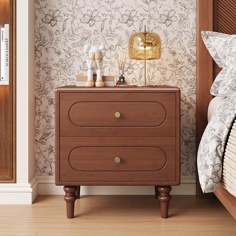 Traditional Chinese Solid Wood Metal Rounded Square Cylinder Nightstand With 2 Drawers For Bedroom