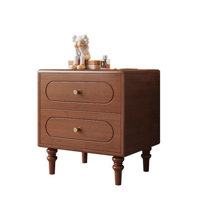 Traditional Chinese Solid Wood Metal Rounded Square Cylinder Nightstand With 2 Drawers For Bedroom