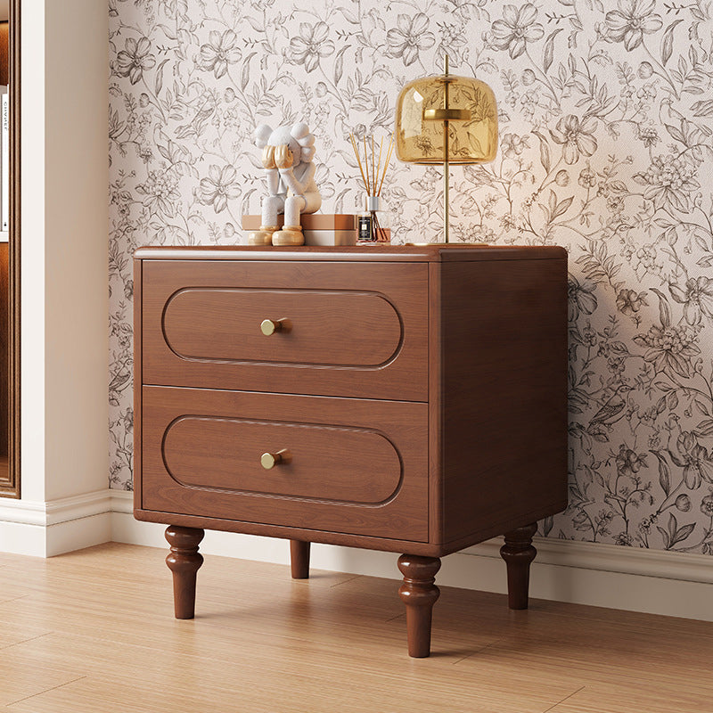 Traditional Chinese Solid Wood Metal Rounded Square Cylinder Nightstand With 2 Drawers For Bedroom