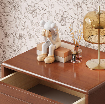 Traditional Chinese Solid Wood Metal Rounded Square Cylinder Nightstand With 2 Drawers For Bedroom