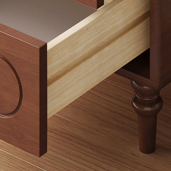 Traditional Chinese Solid Wood Metal Rounded Square Cylinder Nightstand With 2 Drawers For Bedroom
