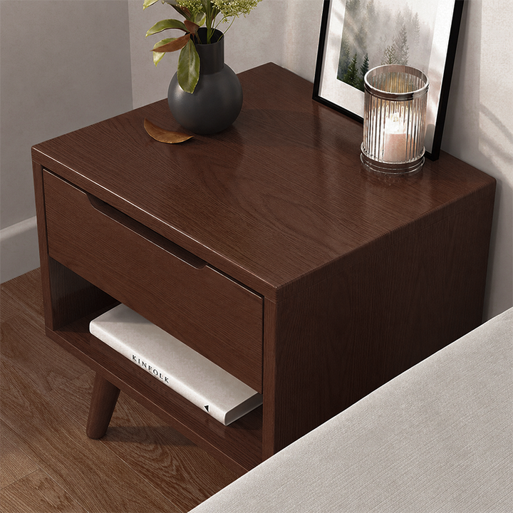 Contemporary Scandinavian Solid Wood &amp; Plywood Cylindrical Square Nightstand With 1/2 Drawers For Bedroom