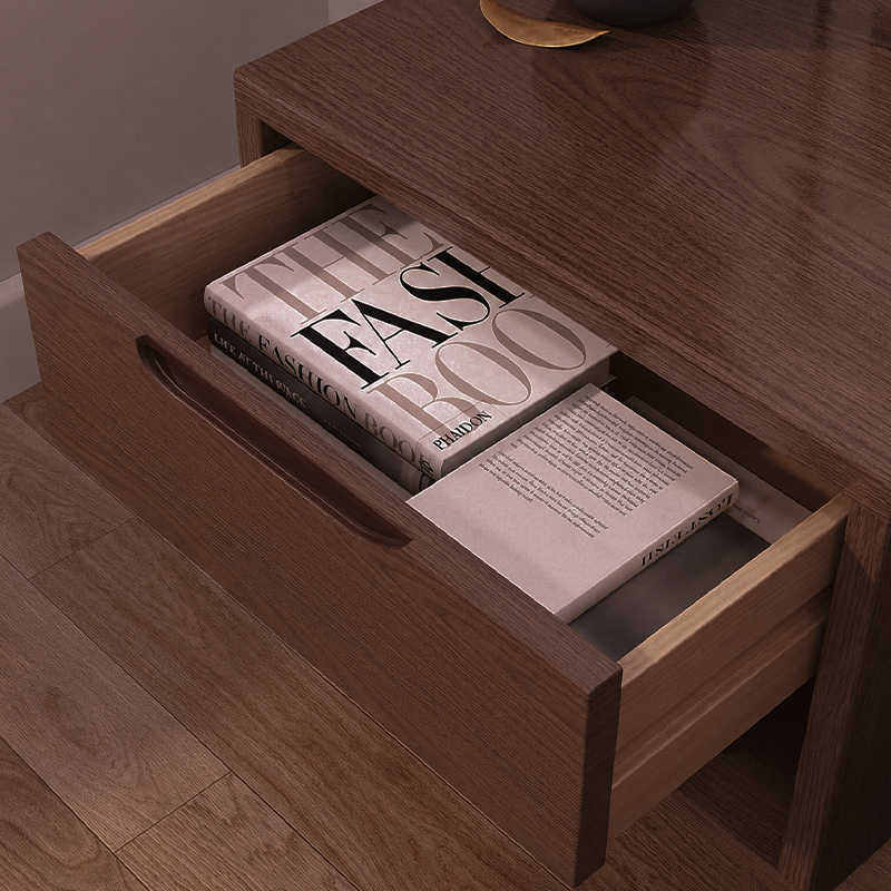 Contemporary Scandinavian Solid Wood &amp; Plywood Cylindrical Square Nightstand With 1/2 Drawers For Bedroom
