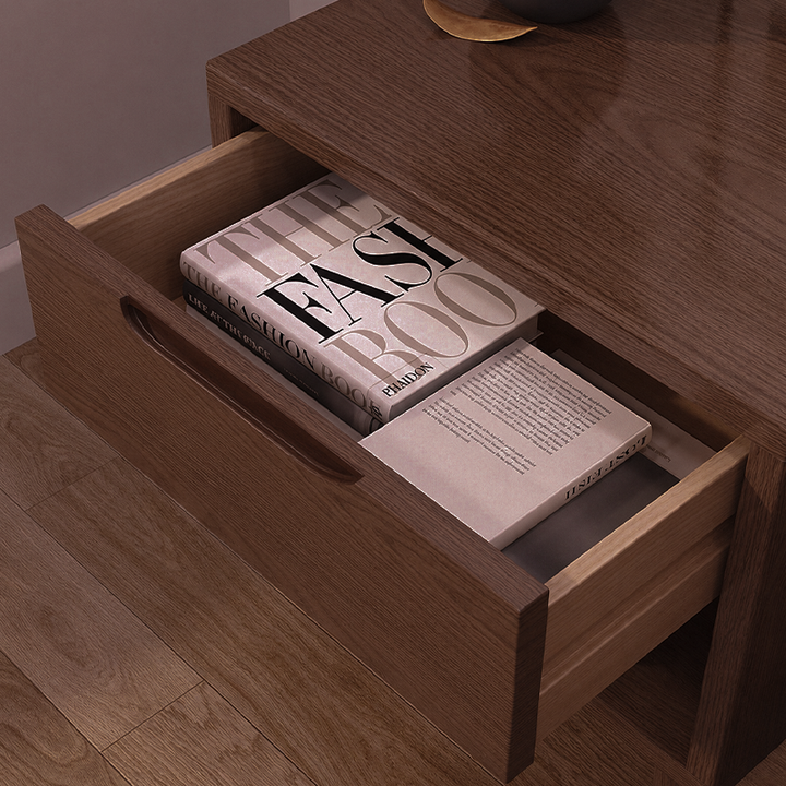 Contemporary Scandinavian Solid Wood &amp; Plywood Cylindrical Square Nightstand With 1/2 Drawers For Bedroom