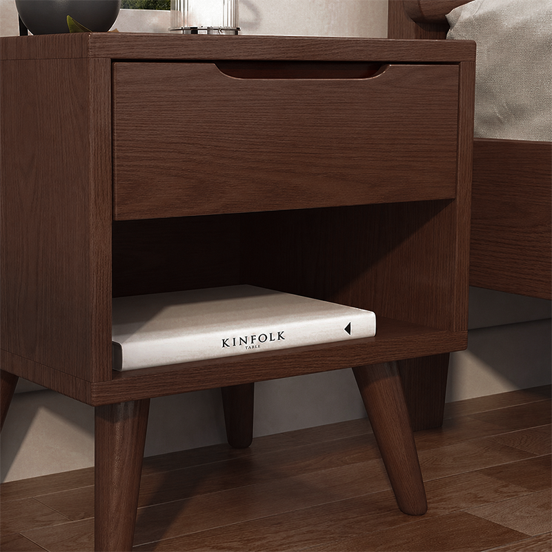 Contemporary Scandinavian Solid Wood &amp; Plywood Cylindrical Square Nightstand With 1/2 Drawers For Bedroom