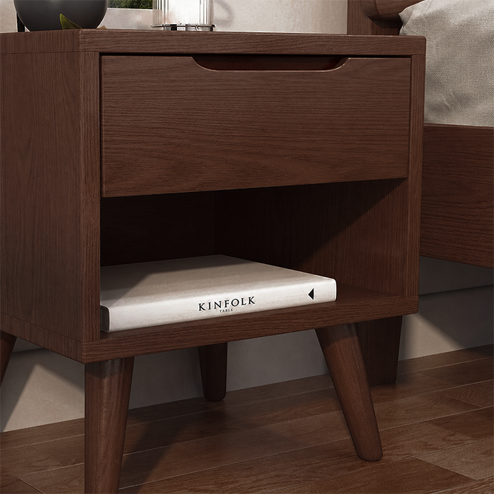 Contemporary Scandinavian Solid Wood &amp; Plywood Cylindrical Square Nightstand With 1/2 Drawers For Bedroom