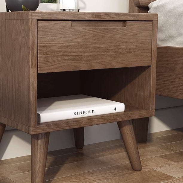 Contemporary Scandinavian Solid Wood Cylindrical Square Nightstand With 1/2 Drawers For Bedroom